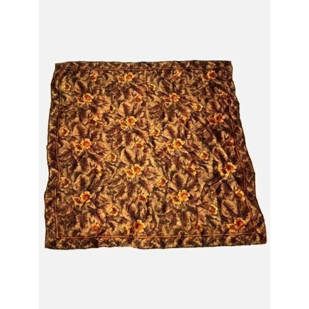Vintage Brown Floral Square Scarf Japan 26x26 Hand Rolled